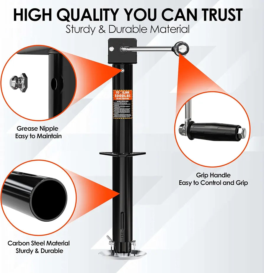 YOMILINK 5000 lbs A-Frame Trailer Jack, 15" Lift, Adjustable Drop Leg